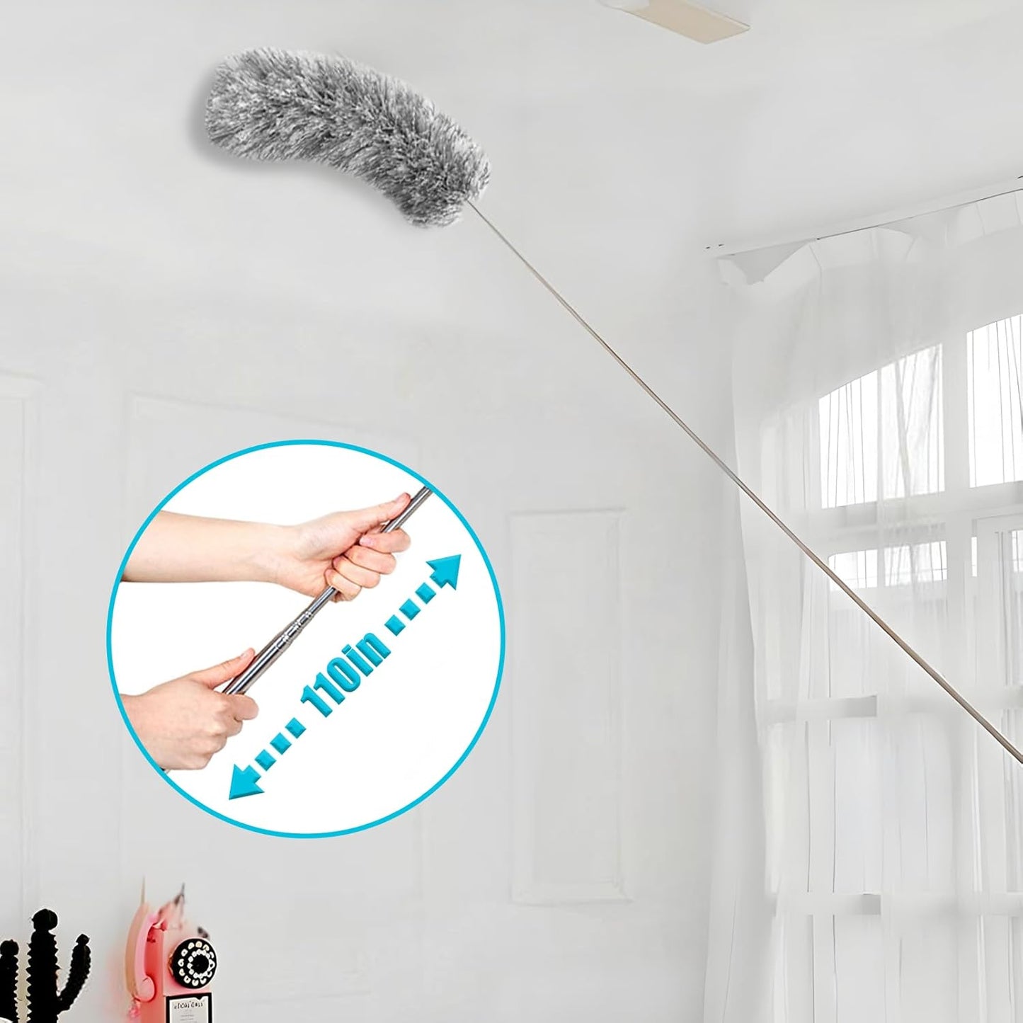 Feather Duster for Cleaning Extendable - Feather Duster for Cleaning The Indoor. 110 in Long Duster with Extension Pole for Clean Ceilings and Fans. Microfiber Duster for Blinds. Washable Dduster