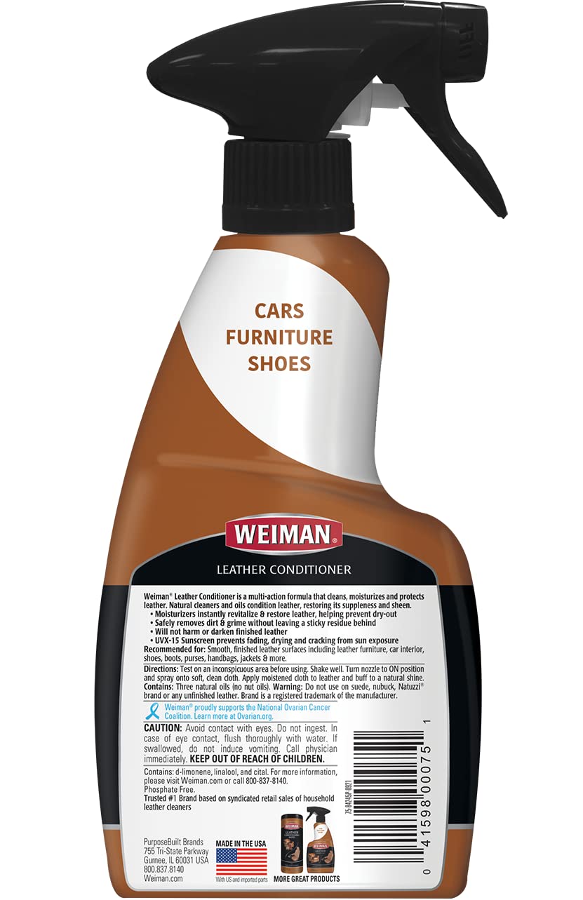 Weiman Leather Cleaner & Conditioner - 12 Fl Oz - Non Toxic Cleans Conditions and Restores Leather Surfaces - UV Protectants Help Prevent Cracking or Fading of Leather Couches Car Seats Shoes Purses