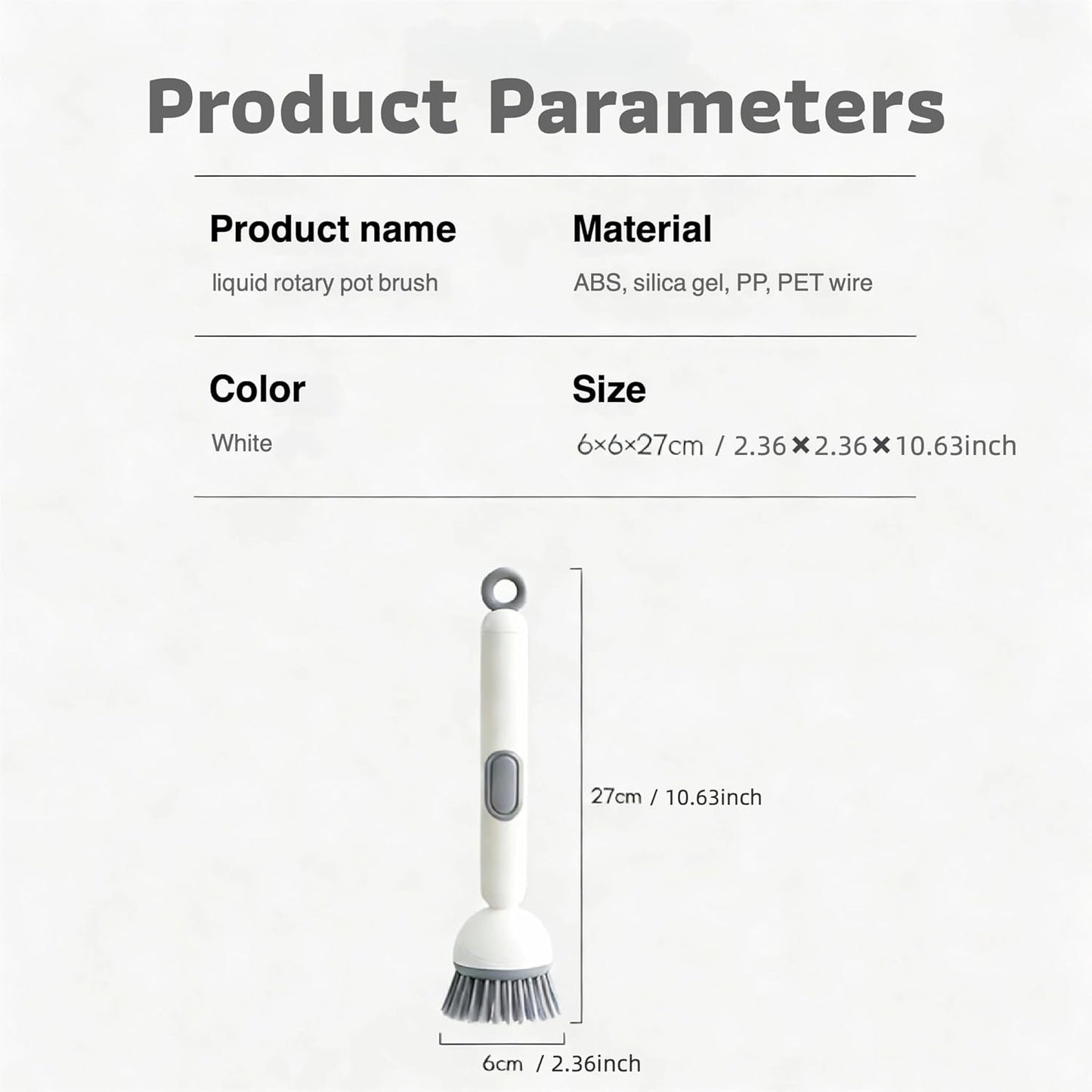 Long-Handled Rotating Pot Brush with Liquid Dispenser | Adjustable Dish Scrubber | Refillable Cleaning Brush for Kitchen | White