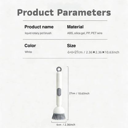 Long-Handled Rotating Pot Brush with Liquid Dispenser | Adjustable Dish Scrubber | Refillable Cleaning Brush for Kitchen | White