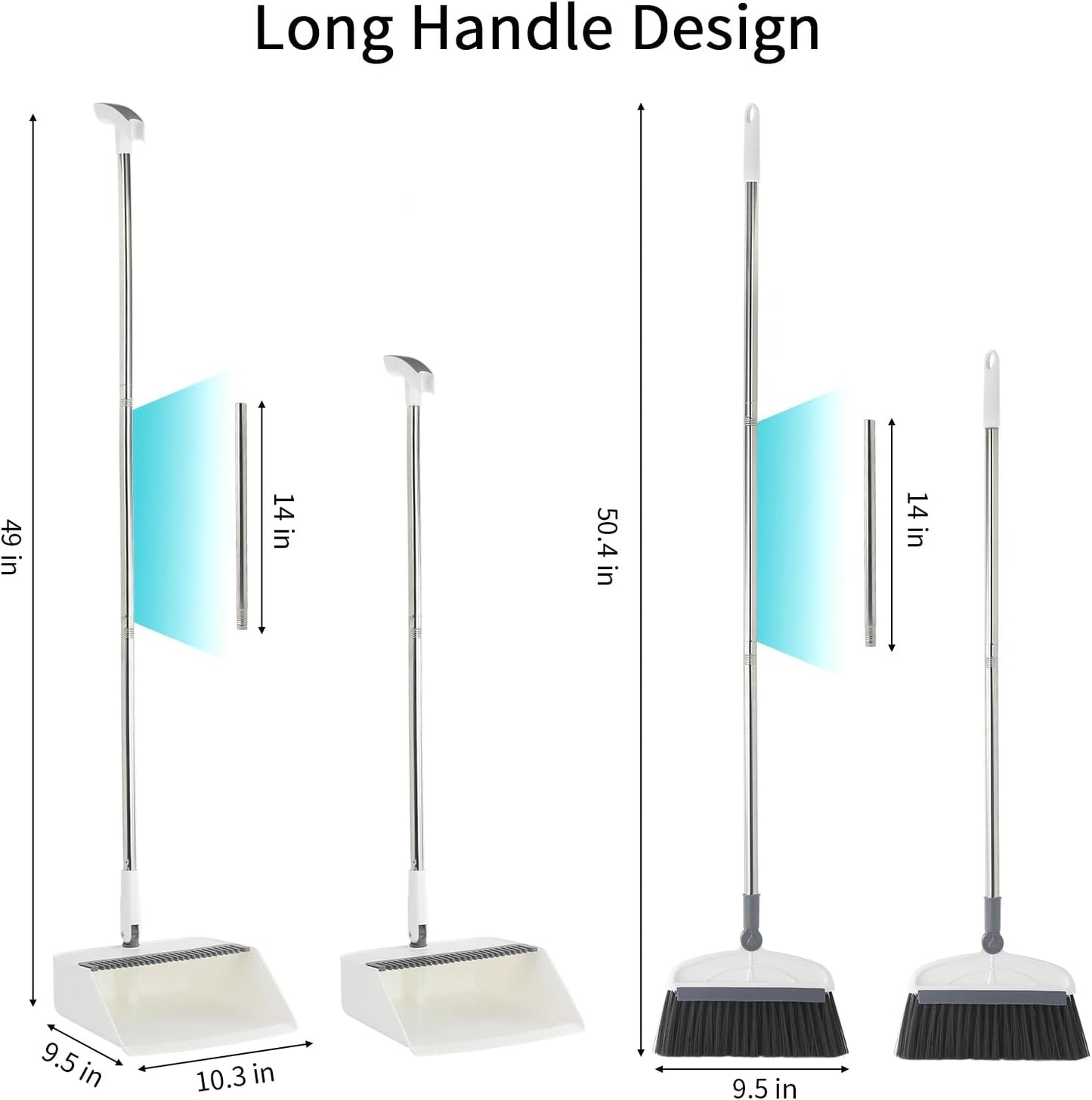 Broom with Dustpan Combo Set, 2 in 1 Broom and Dustpan Set with Long Handle, Upright 180° Rotating Broom with Brush and Lightwight Dust Pans for Home Kitchen Room Office Lobby Floor Cleaning，White