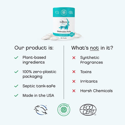 AspenClean | Unscented Dishwasher Pods | Cuts Grease and Grime | Zero Plastic | Non - Toxic | 100% Natural Dishwasher Detergent | EWG Verified - 28 Count