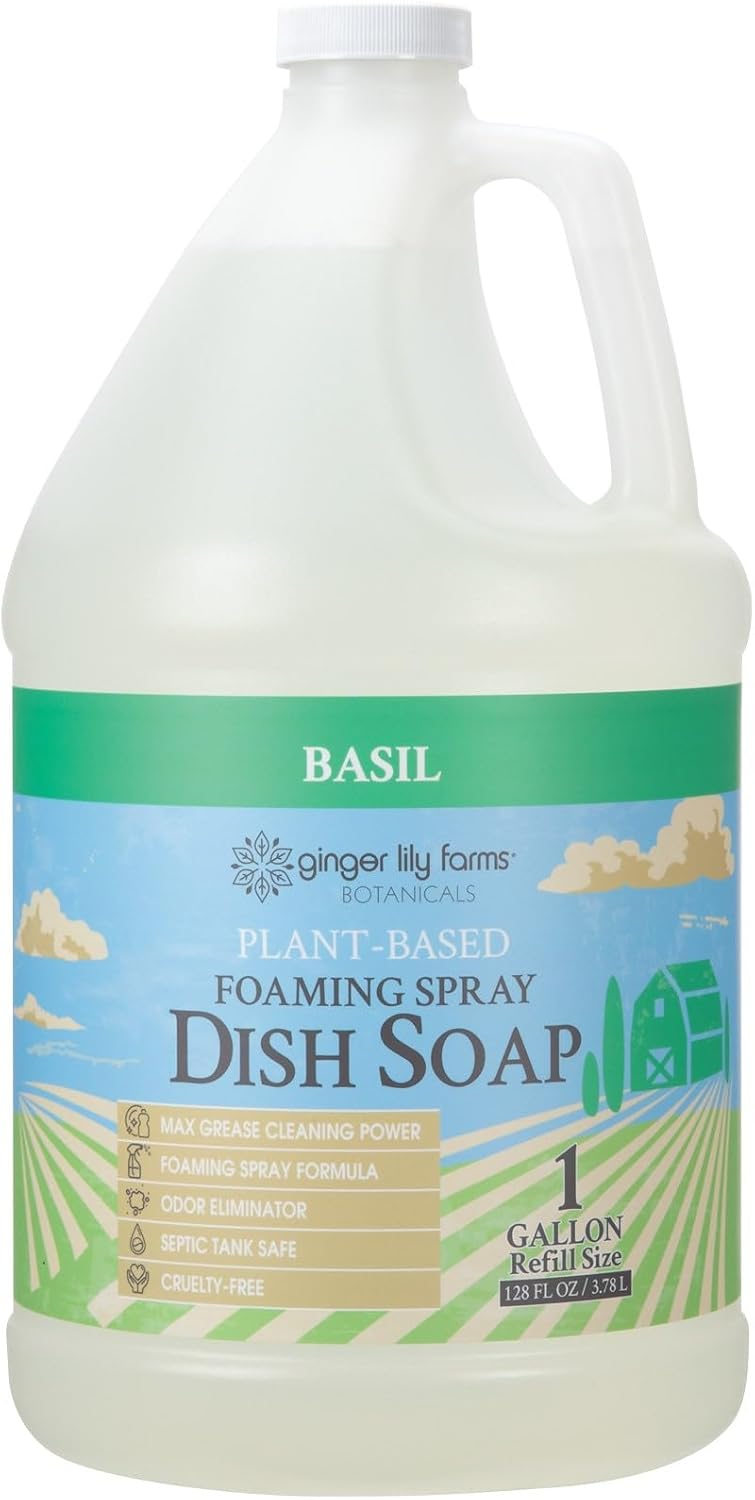 Ginger Lily Farms Botanicals Plant-Based Foaming Spray Dish Soap, Concentrated Formula with Max Grease Cleaning Power, Cruelty-Free, Lavender Chamomile Scent, 1 Gallon Refill (128 Fl Oz)