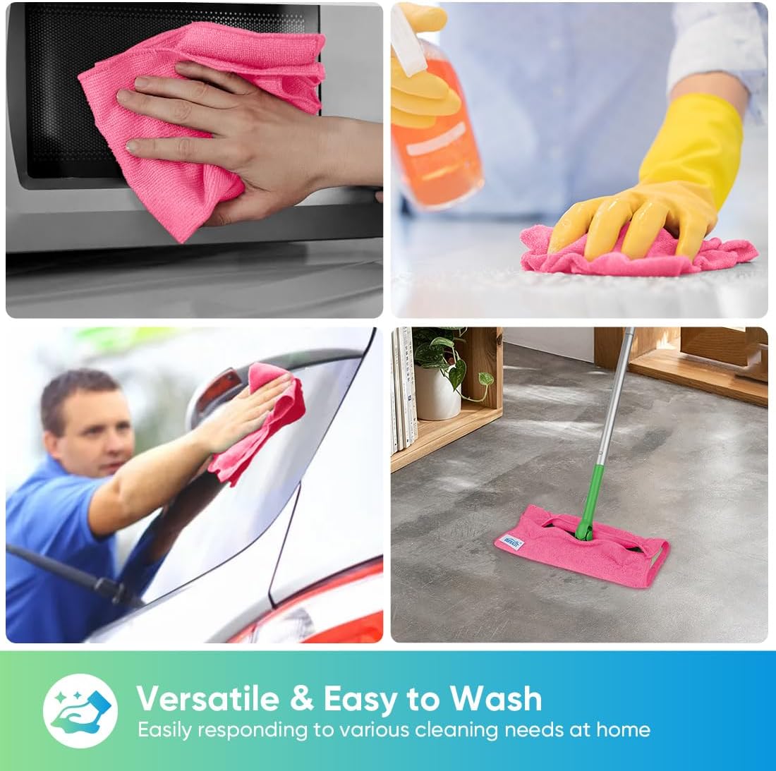 HOMEXCEL Microfiber Cleaning Cloth 210GSM, Pack of 12, Size:11.5" x 11.5", Ultra-Soft, High-Density Non-Abrasive Cleaning Towels for Cars, Glass, Kitchen, Reusable Rags, Blue/Green/Yellow/Pink