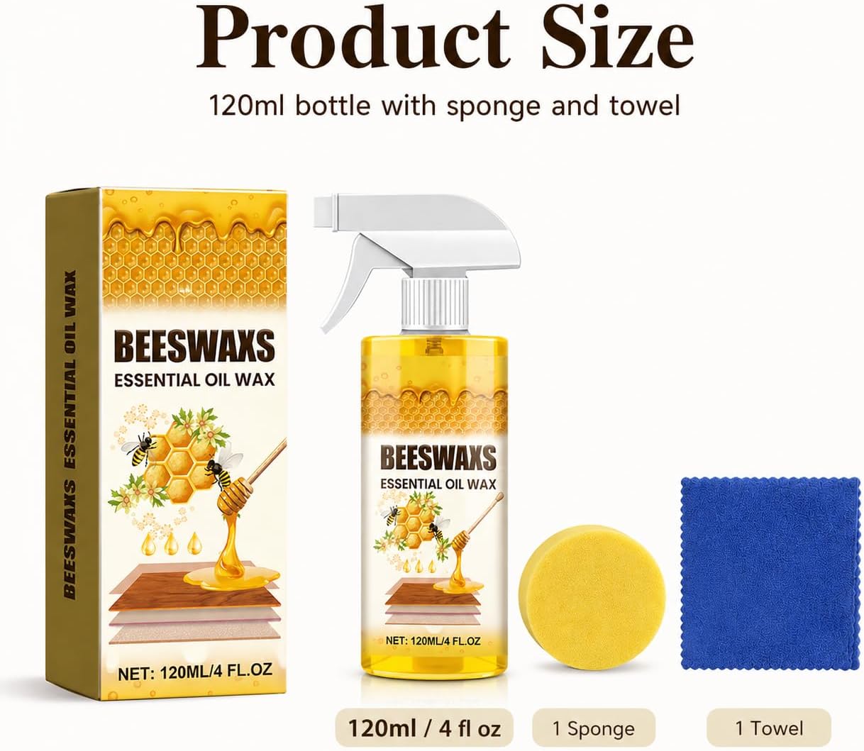 Beeswax Wood Polish Spray, 120ml Furniture Polish and Wood Cleaner Spray with Sponge and Towel, Beeswax Furniture Polish for Cabinets, Tables, Chairs, Doors and Finished Wood Surfaces (1set)