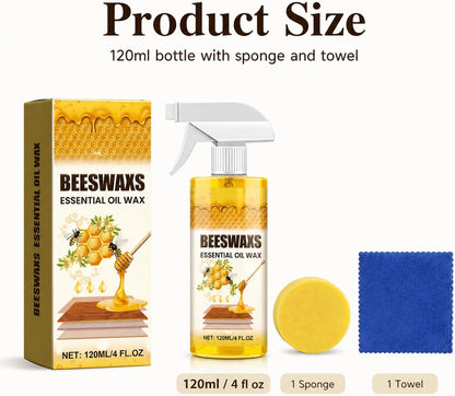 Beeswax Wood Polish Spray, 120ml Furniture Polish and Wood Cleaner Spray with Sponge and Towel, Beeswax Furniture Polish for Cabinets, Tables, Chairs, Doors and Finished Wood Surfaces (1set)
