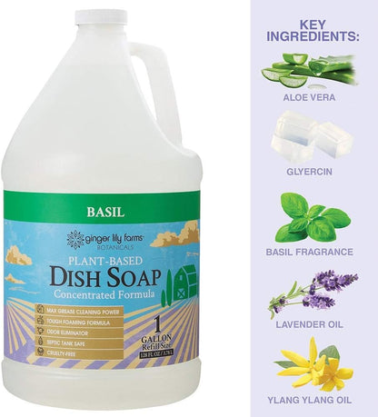 Ginger Lily Farms Botanicals Plant-Based Liquid Dish Soap, Concentrated Formula with Max Grease Cleaning Power, Cruelty-Free, Fragrance-Free, 1 Gallon Refill (128 Fl. Oz.), Clear