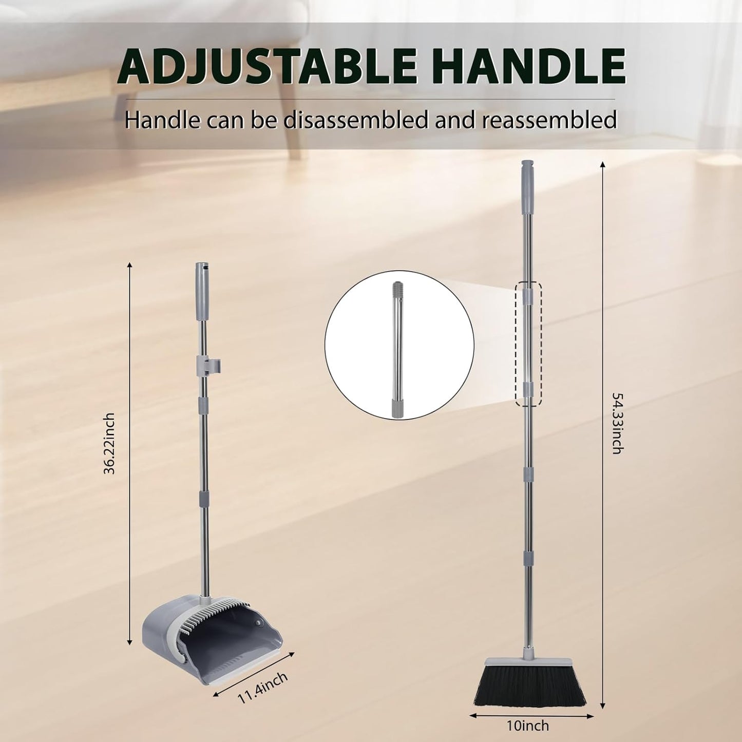 YZO Broom and Dustpan Set, 54.33 Inch Long Handle Standing Design, Dustpan Front Rubber Tight Seal, Broom with 5 Layer Bristles, Suitable for Living Room, Bedroom, Yard, Office and Apartment(Green)