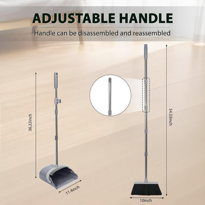 YZO Broom and Dustpan Set, 54.33 Inch Long Handle Standing Design, Dustpan Front Rubber Tight Seal, Broom with 5 Layer Bristles, Suitable for Living Room, Bedroom, Yard, Office and Apartment(Green)