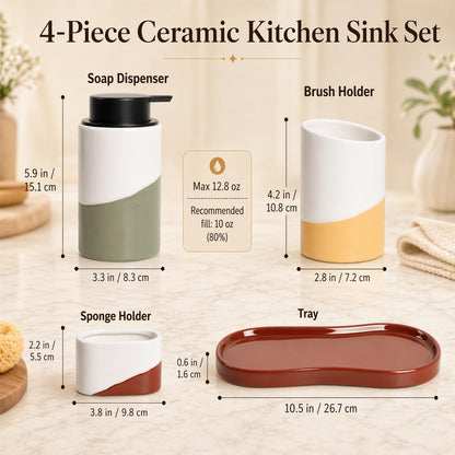 BosilunLife Kitchen Sink Caddy Set – 4-Piece Ceramic Soap Dispenser 12oz with Sponge & Utensil Holders on Drip Tray for Kitchen & Bathroom Countertop Organization (Liquid Pump)