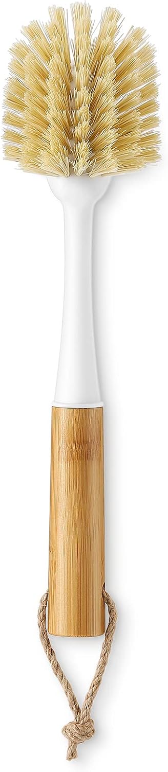 SUBEKYU Dish Brush with Handle, Natural Bamboo Dish Scrubber Brush, Kitchen Dishwashing Brush for Cleaning Dishes/Pans/Pots/Sinks, Sisal Bristles, 2P
