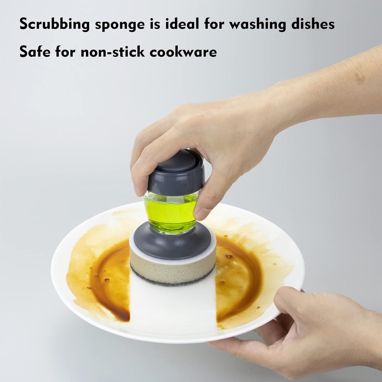 DAPOWER Dish Brush with Soap Dispenser, Kitchen Scrub Brush for Dishes Pots Pans Sink Cleaning, Dish Scrubber with Holder Set (Grey 2-Pack Combo Set)