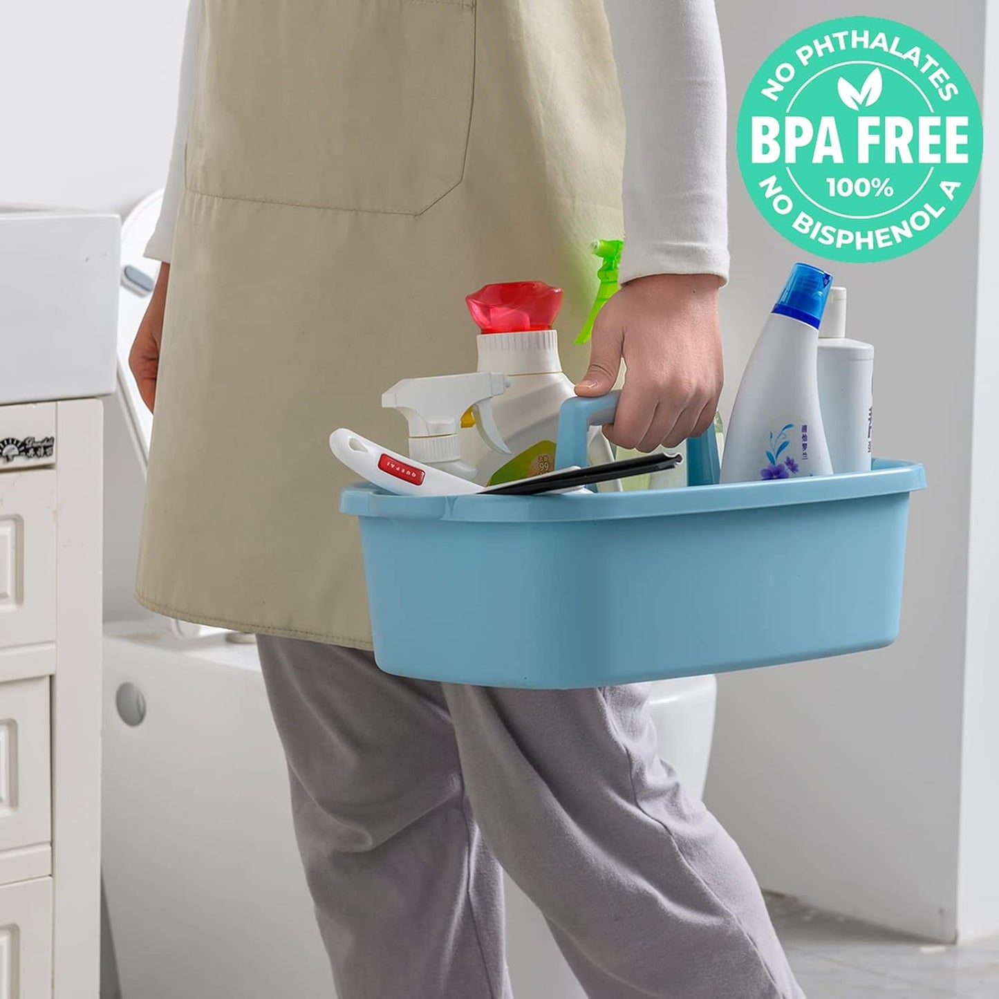 Cleaning Supplies Caddy, Household Tools Organizer with Handle, Large Plastic Bucket, Portable Shower Basket Tote, Gray