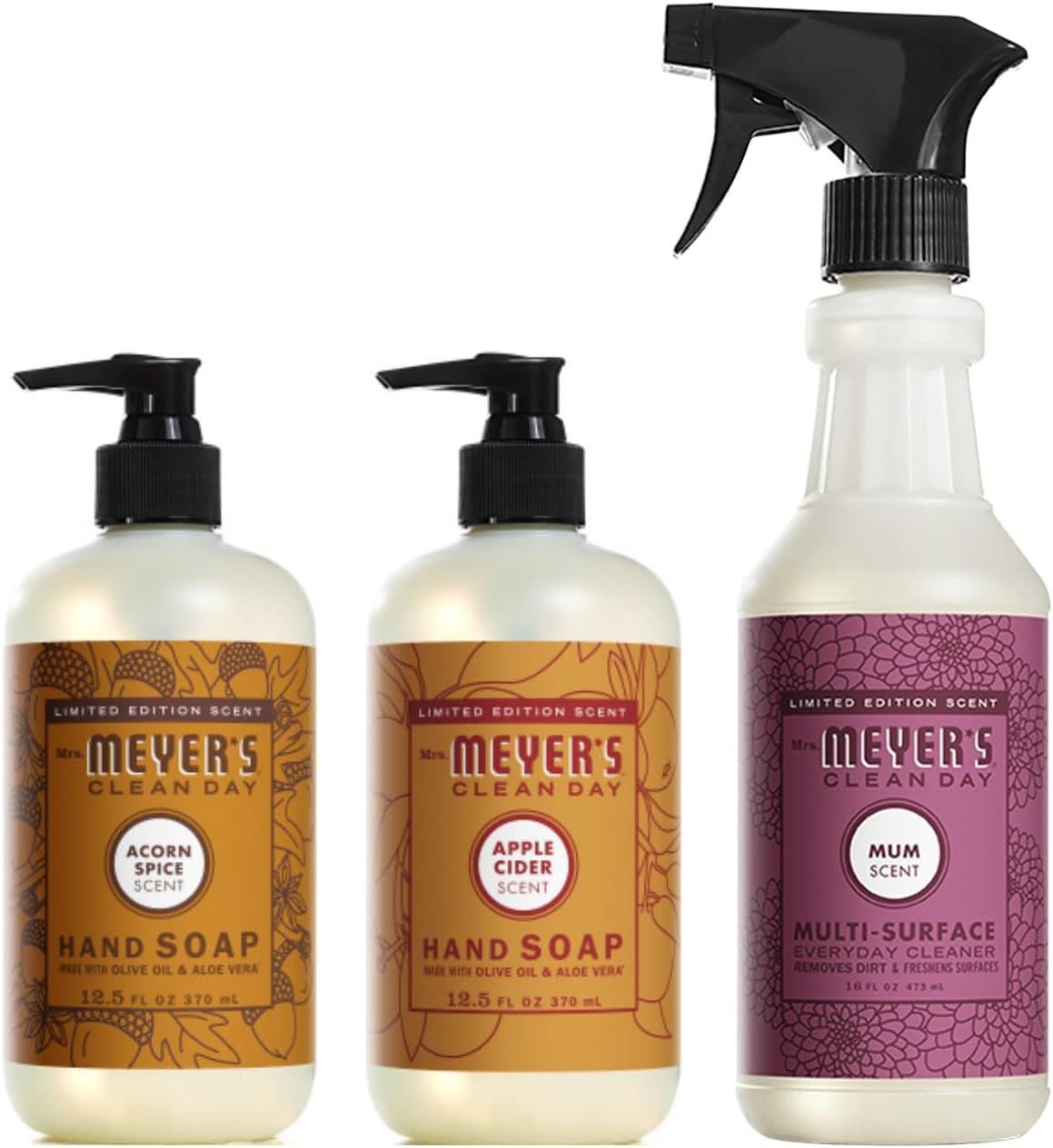 Mrs. MEYER'S CLEAN DAY Liquid Dish Soap 3 Pack Variety, Acorn Spice, Apple Cider, Fall Leaves, 16 OZ Each, 1 CT