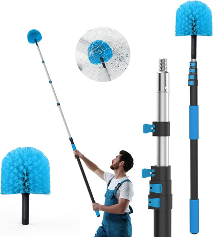26FT Reach Cobweb Duster with Extension Pole - Spider Web Brush for Cleaning with 5-20FT 4-Section Flip-Lock Telescopic Pole, Effortlessly Cleans High Indoor & Outdoor Webs