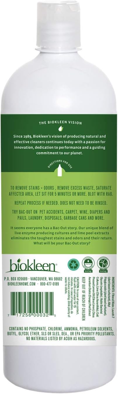 Biokleen Bac-Out Stain+Odor Remover, Destroys Stains & Odors Safely, for Pet Urine, Laundry, Diapers, Wine, Carpets, & More, Eco-Friendly, Non-Toxic, Plant-Based, 32 Ounces