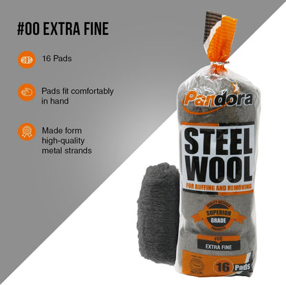 Pandora Steel Wool #2 – Coarse Grade, 16 Pads for Cleaning and Removing - Quality Metal Strands - Ideal to Remove Floor Scuff Marks and Old Wax
