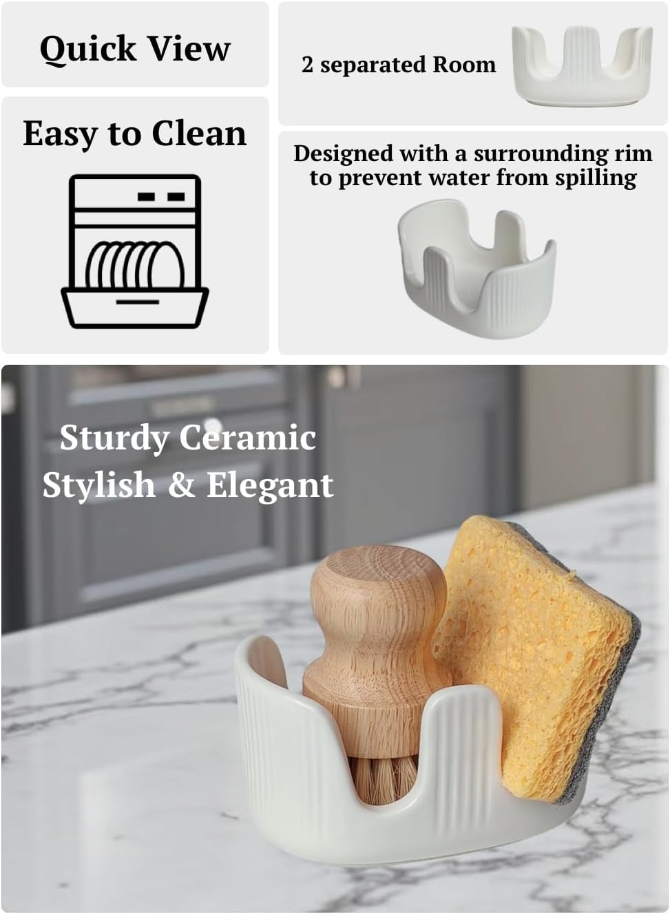 Ceramic Double Sponge Holder with Soap Tray, 2-Slot Countertop Sink Organizer, Modern White Kitchen Sponge & Dish Soap Holder, Rust-Free, Easy to Clean, Decorative Sink Caddy Set