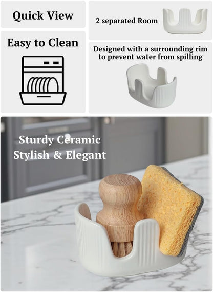Ceramic Double Sponge Holder with Soap Tray, 2-Slot Countertop Sink Organizer, Modern White Kitchen Sponge & Dish Soap Holder, Rust-Free, Easy to Clean, Decorative Sink Caddy Set