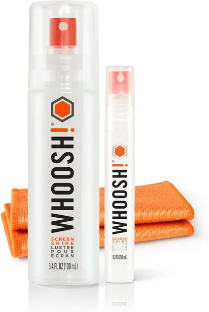 WHOOSH! Screen Shine Duo XL - Screen Cleaner Spray and Wipe for Eyeglasses, Phone & Laptop - Removes Fingerprints - Includes 3.4 oz + 1 oz Leak-Free Bottles & 2 Microfiber Cloths for Home & Travel