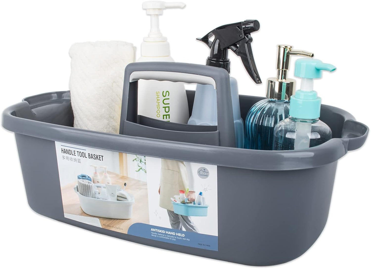 Large Cleaning Supplies Caddy Portable Shower Basket Supply Organizer with Handle Plastic Bucket Tool Storage for Bathroom, Bedroom, Kitchen, College Dorm, Garden, Dark Gray 2 Pack
