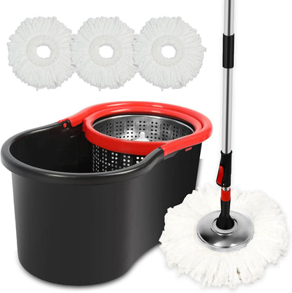 Spin Mop and Bucket Set, 360° Spinning Mop and Bucket System, for Mop Floor Cleaning, with 3 Microfiber Mop Replacement Heads and 61" Stainless Steel Adjustable Handle