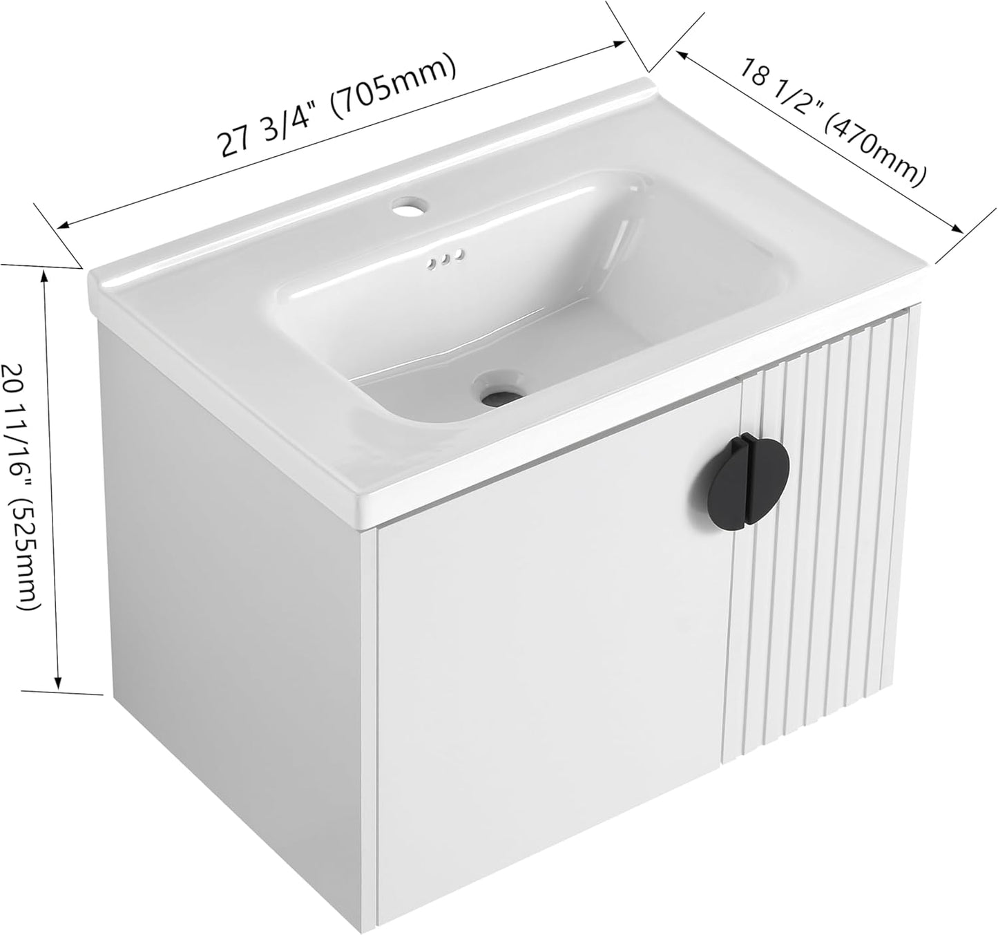 SSLine Modern 24-Inch Bathroom Vanity with Sink Wall Mounted Bathroom Vanity with Top Basin & Storage Cabinet White Wood Floating Vanity w/Ceramic Sink & Gold/Black Handles for Small Space