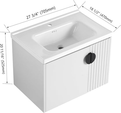 SSLine Modern 24-Inch Bathroom Vanity with Sink Wall Mounted Bathroom Vanity with Top Basin & Storage Cabinet White Wood Floating Vanity w/Ceramic Sink & Gold/Black Handles for Small Space
