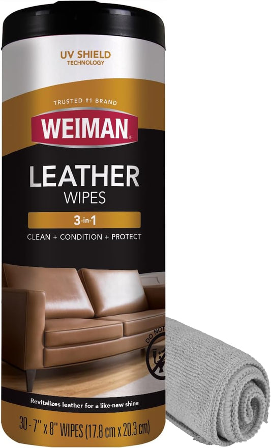 Weiman Leather Cleaner Kit Leather Wipes (30 Count) and Microfiber Cloth - Clean and Condition Car Seats and Interior, Shoes, Couches and Other Leather Surfaces