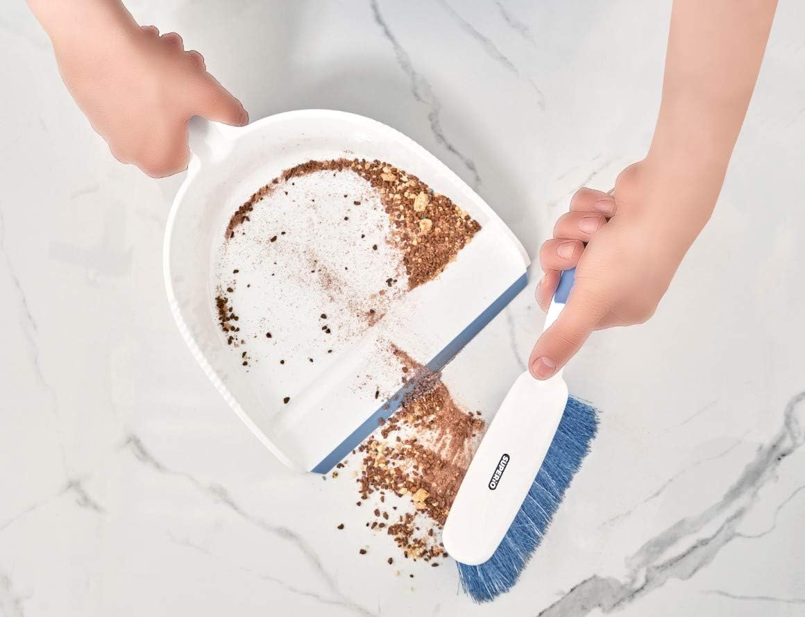 Superio Brush and Dustpan Set, Rubber Edge for Easy Dirt Pickup, Durable Plastic Broom Set with Ergonomic Grip Handle, for Table, Countertop, Desk (1)