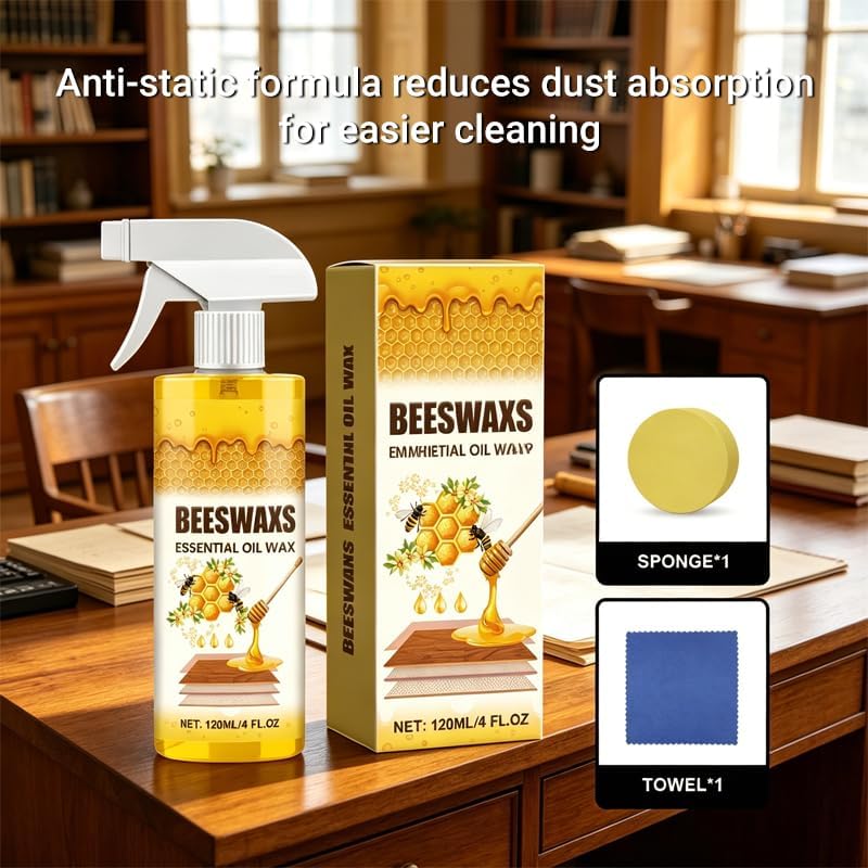 Beeswax Spray for Wood, Bees Wax Furniture Polish and Cleaner with Sponge and Towel, Natural Beeswax Cleaner for Furniture Floors Cabinets, Wood Care for Shine and Protection (4oz 1pc)