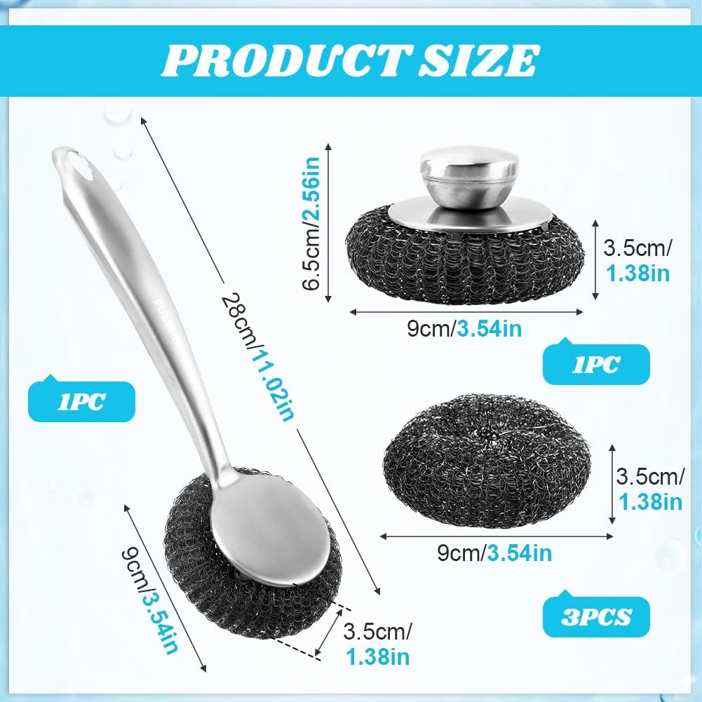 5Pcs Stainless Steel Wool Scrubber Sets, with Long & Short Handle & 3Pcs Detachable Pads, Metal Pot Scrubbers for Cleaning Dishes Iron Pots Stoves