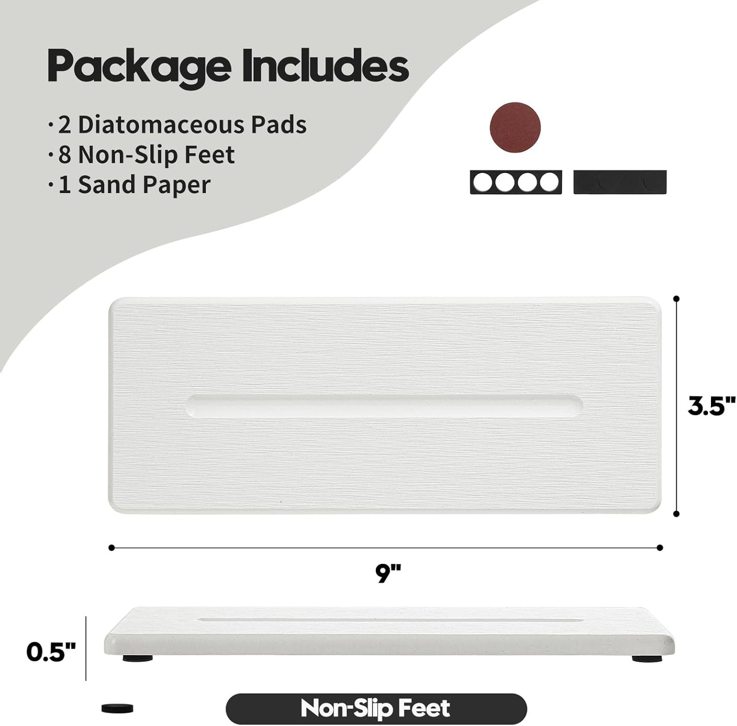 Fast Water Absorption Sink Organizer Tray Set, 3-Pack Compact and Space-Saving Stone Soap Holder Caddy for Kitchen & Bathroom Counter, Faucet Splash Guard, White (1pc of 8"x3.8" + 2pcs of 3.8"x3.8")