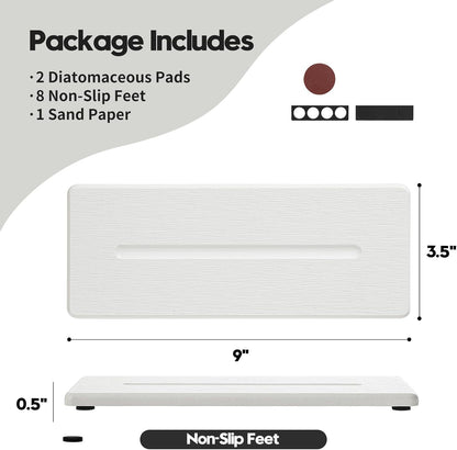 Fast Water Absorption Sink Organizer Tray Set, 3-Pack Compact and Space-Saving Stone Soap Holder Caddy for Kitchen & Bathroom Counter, Faucet Splash Guard, White (1pc of 8"x3.8" + 2pcs of 3.8"x3.8")