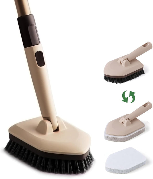 Eyliden Shower Scrubber with Long Handle, Tub Scrubber Brush with 180° Swivel Head for Bathroom, Tile, Bathtub, Grout, Sink, 2 Type Cleaning Heads - 1 Stiff Bristle & 2 Non-Scratch Pads