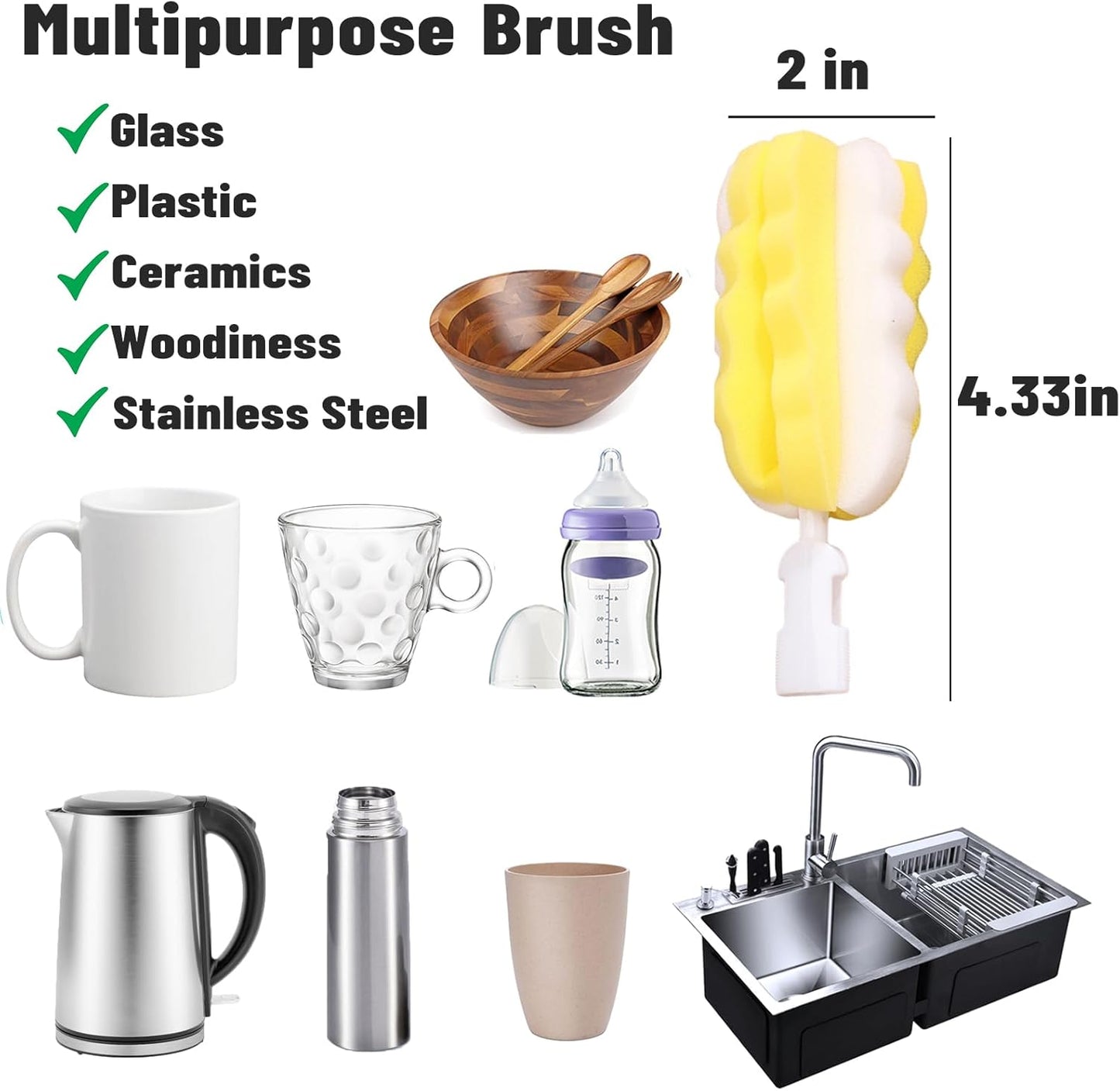 INVODA 4PCS Bottle Brush Long Handle Cup Cleaner Brush Sponge Bottle Scrubber Detachable Handle Portable Sponge Cleaning Brush for Baby Bottle Dishwashing Kitchen Clean Glasses Mugs (4 PCS)