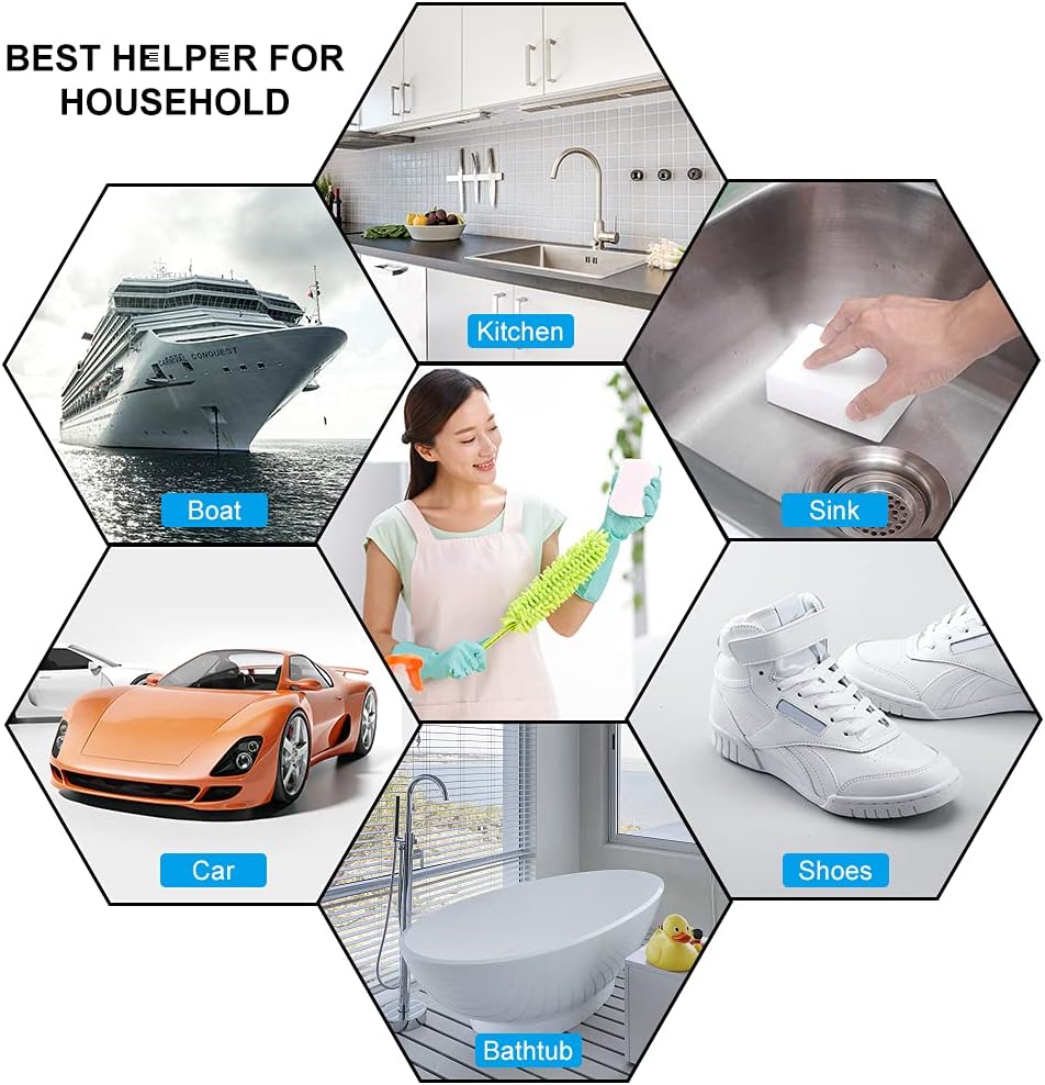 Magic Sponge Eraser POWOBEST 100 Pac Extra Thick Melamine Sponges Magic Cleaning Sponge, Household Cleaning Scrub Sponge Pads for Kitchen, Car,Sink,Shoe，Bathtub Cleaning Sponge