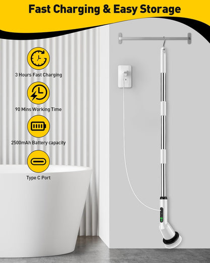 Shower Scrubber with Long Handle, Shower Cleaner Brush with 8 Brush Heads, Cordless Electric Spin Scrubber for Cleaning with 2 Speed, Cleaning Supplies for Bathroom Bathtub Kitchen Floor Tile Toilet