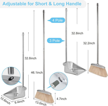 VOOWO Heavy Duty Broom and Dust pan Set, Stainless Steel Broom and Dustpan Set with Long Handle, Broom with Dustpan Set for Home Standing Dust Pan Indoor Outdoor Brooms Dustpan