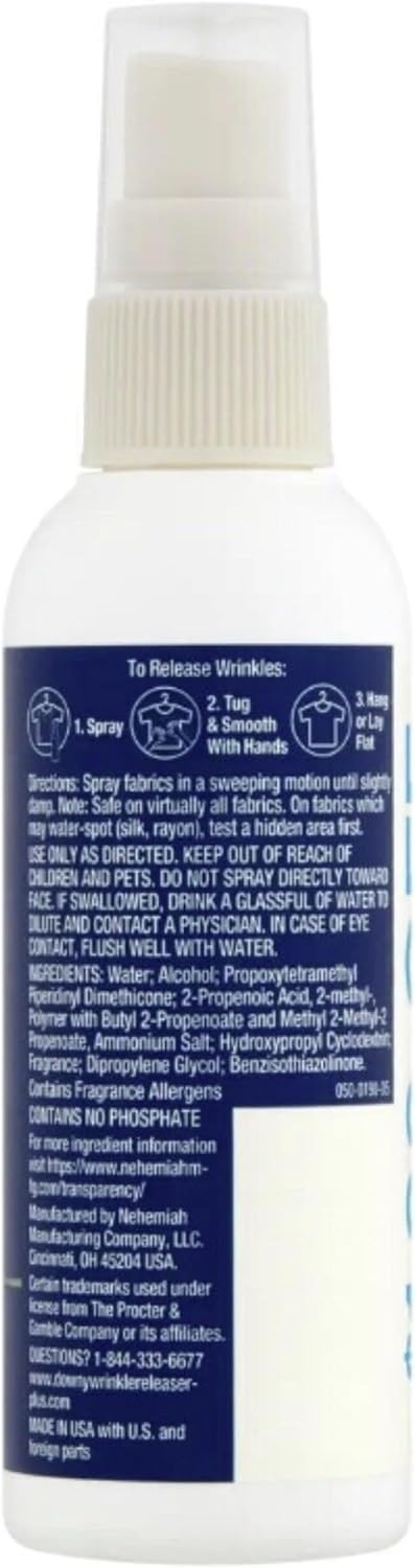 Downy Wrinkle Releaser Spray All In One Wrinkle Release Spray Travel Size, Odor Eliminator, Static Remover Fabric Refresher & Ironing Aid for Clothes 3 Fl Oz (Pack of 2), Crisp Linen Scent
