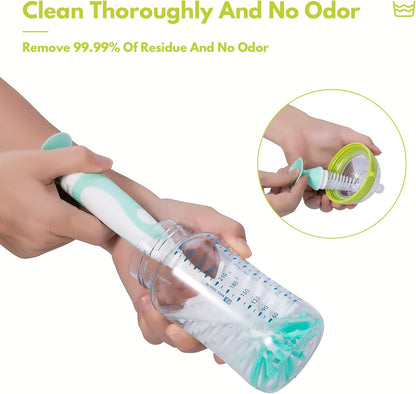 CAREBABYMORE Baby Bottle Brush Set with Nipple Cleaner and Suction, 10.2" Cleaning Brush and 6.5" Sponge Bottle Brush with A Replacement Brush Head and Two 6.7" Straw Brushes, Pack of 5 (Green)