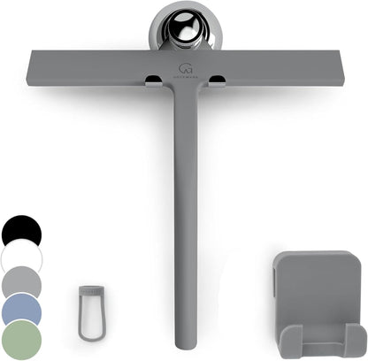 GÜTEWERK Silicone Shower Squeegee for Glass Doors & Mirrors with Stainless Steel Core, Streak-Free & No-Squeak Window Cleaning, 3-in-1 No-Drill Mount (Hook/Suction/Adhesive), Black, 9''