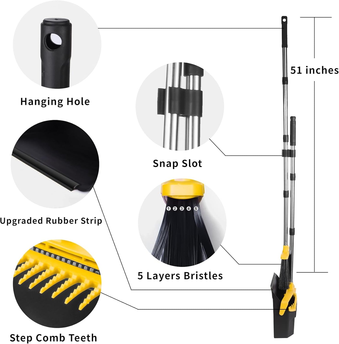Tiumso Upgrade Broom with Dustpan Combo Set, Broom and Dustpan Set with 51'' Long Handle, Dust Pan and Brooms, ZeroGap Lip, Self-Cleaning Dustpans Teeth for Lobby Kitchen Restaurant - Black and Red