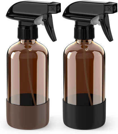 Bontip Glass Spray Bottle with Silicone Sleeve Protection, Amber Glass Spray Bottle Set for Window Cleaner Aromatherapy Facial Hydration Watering Flowers Hair Care 2 Pack/16 oz (Black & Brown)