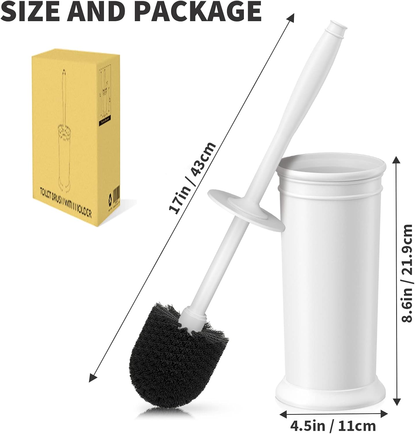 Toilet Brush, Toilet Bowl Brush with Extra Long Handle Durable Bristles Toilet Scrubber and Covered Holder for Toilet Brush Set for Bathroom Cleaning (Black, 1 Set)