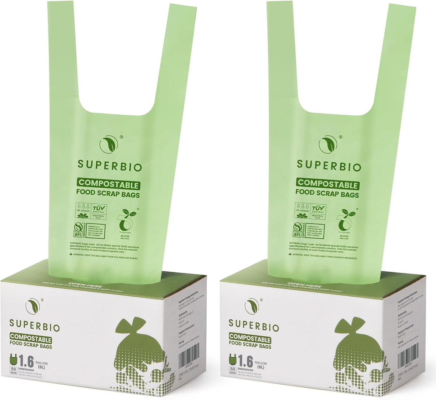 SUPERBIO 1.6 Gallon Handle Tie Compostable Food Scrap Bags For Counter Top Compost Bin, Small Compost Bags, 50 Count, 6 Liter, BPI & OK compost INDUSTRIAL Certified