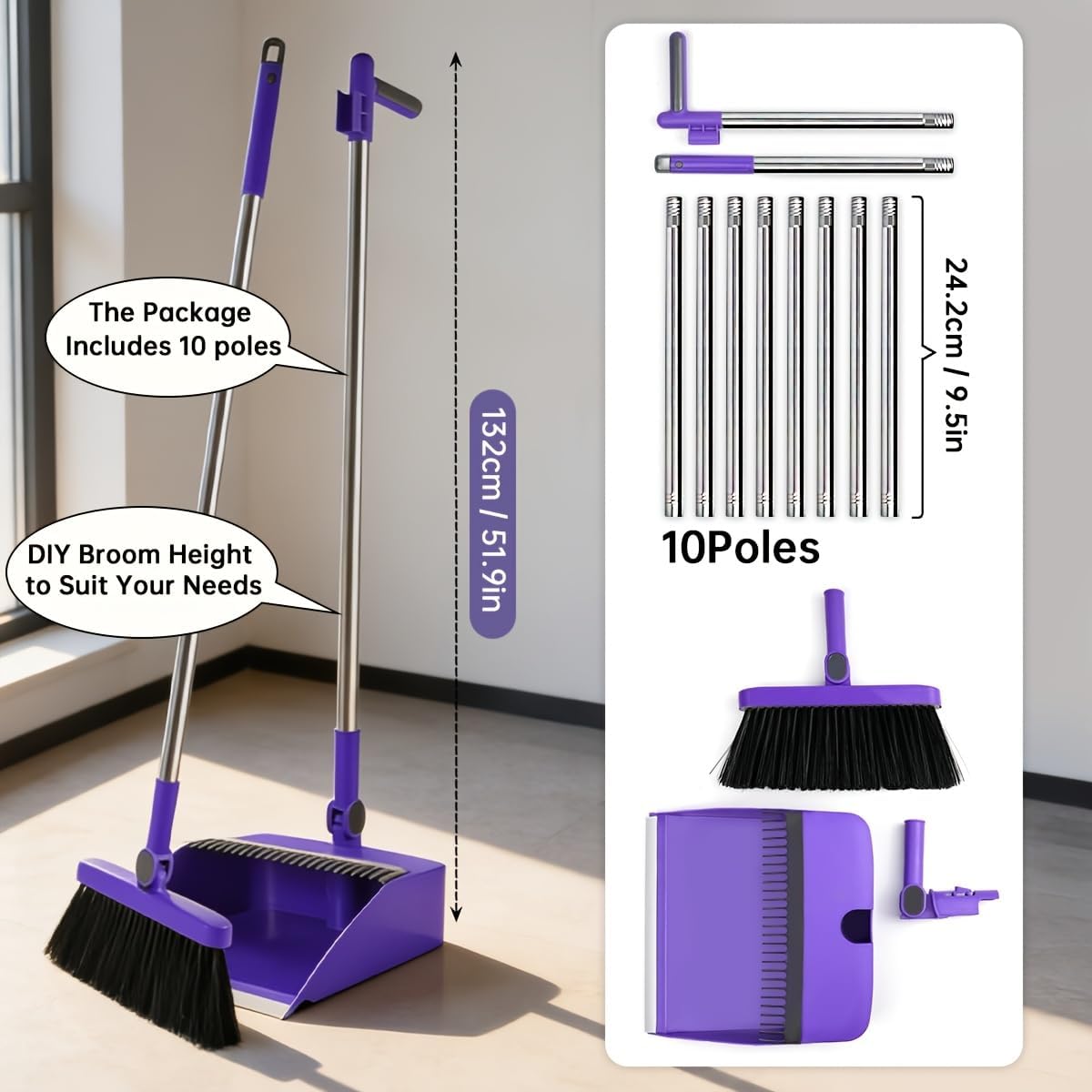 2-in-1 Broom with Dustpan Combo Set,Long Handle Broom Dustpan Combo with Dustpan Teeth to Automatically Clean Hair for Home, Indoor or Outdoor Cleaning Hall Floor (Gray)