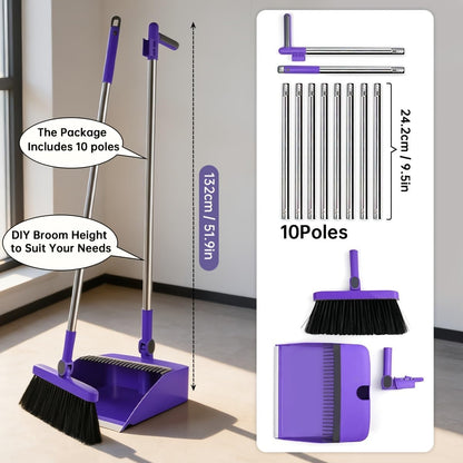 2-in-1 Broom with Dustpan Combo Set,Long Handle Broom Dustpan Combo with Dustpan Teeth to Automatically Clean Hair for Home, Indoor or Outdoor Cleaning Hall Floor (Gray)