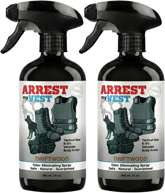 Arrest My Vest Military Grade Odor Eliminating Spray for Body Armor, Tactical Gear, and K9 Equipment. Safe on All Ballistic Vests, Fabrics, & Police Gear - Driftwood Fragrance - 2 16 oz Bottles