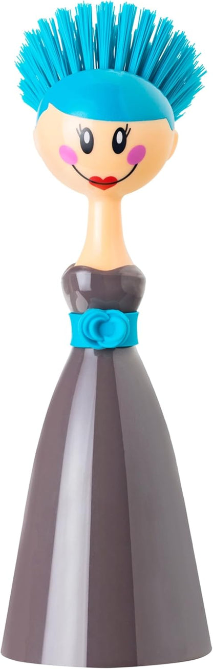 Vigar Dolls Dish Brush with Ergonomic Handle and Dres-shaped Storage Holder - Scrub Brush for Pans, Pots, Kitchen Sink Cleaning, Blue/Pink